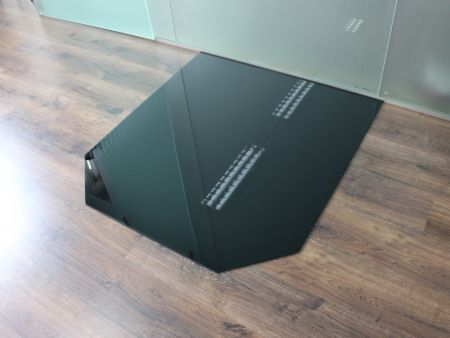 Sechseck 120x130cm Glas schwarz - Funkenschutzplatte Kaminbodenplatte Glasplatte Ofen Kamin Unterlage